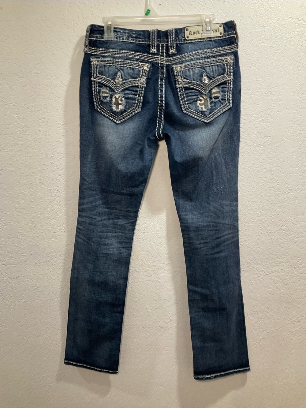 Rock Revival Dark Blue Straight Leg Jeans with Embroidered Pockets